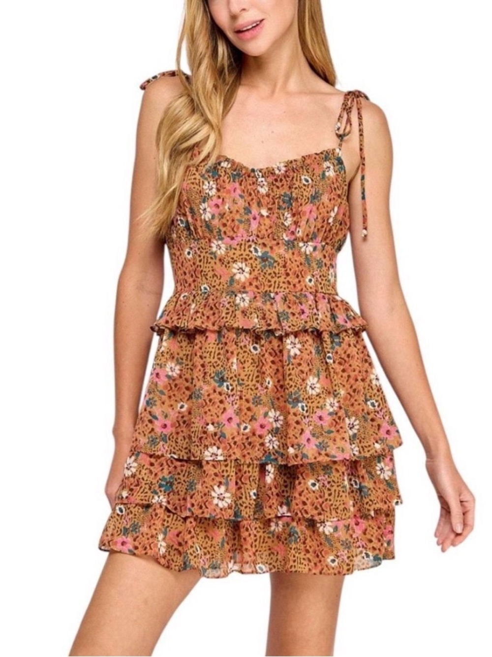 City Studio Brown Floral Smocked Tiered Mini Dress